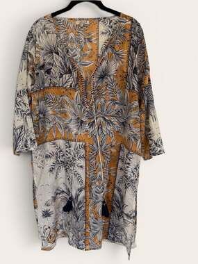 Natura Women's Tropical Print Cotton Kaftan Dress with Beaded Tassel Neckline